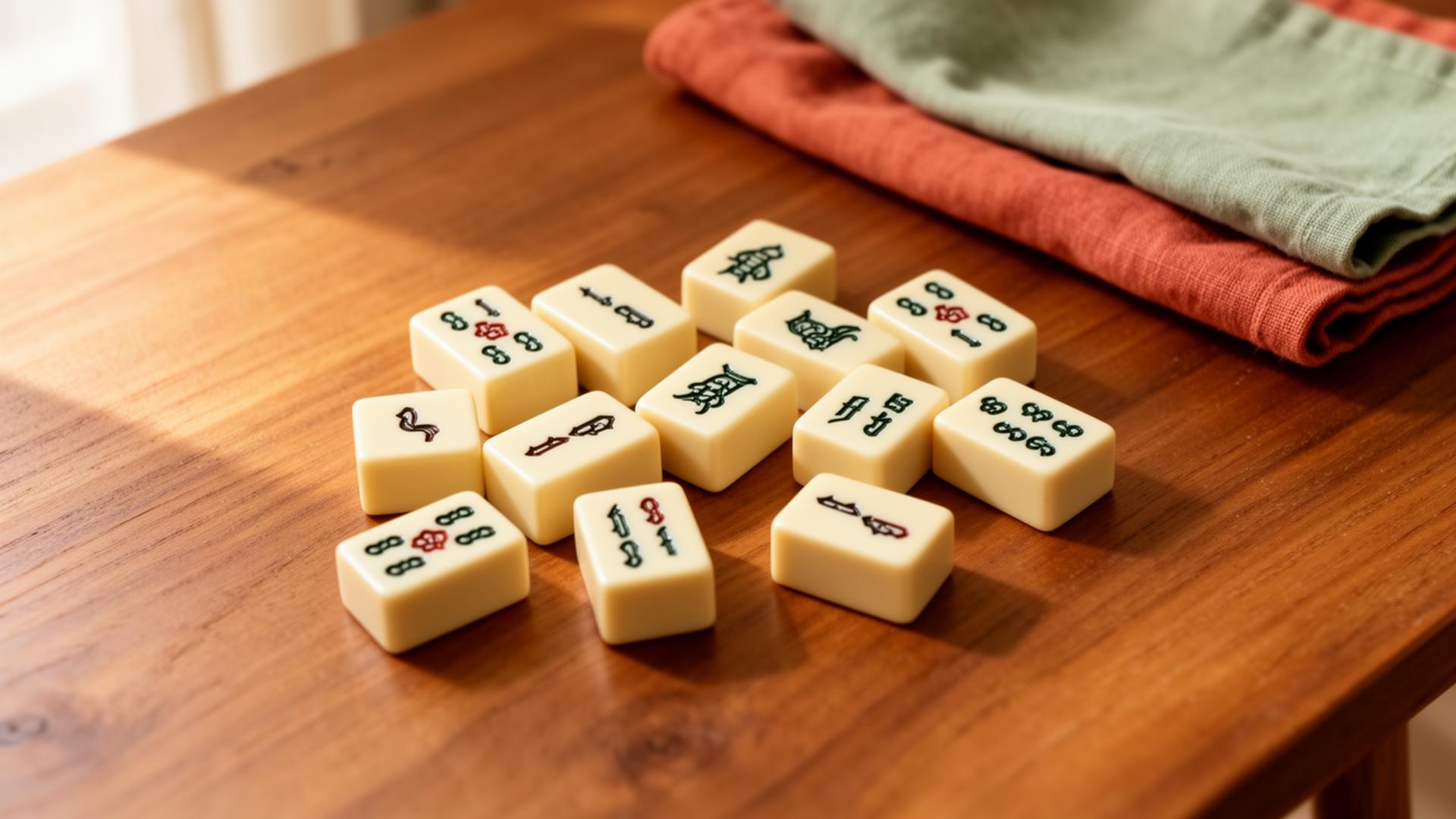 Mah jongg tiles arranged on a warm wood table